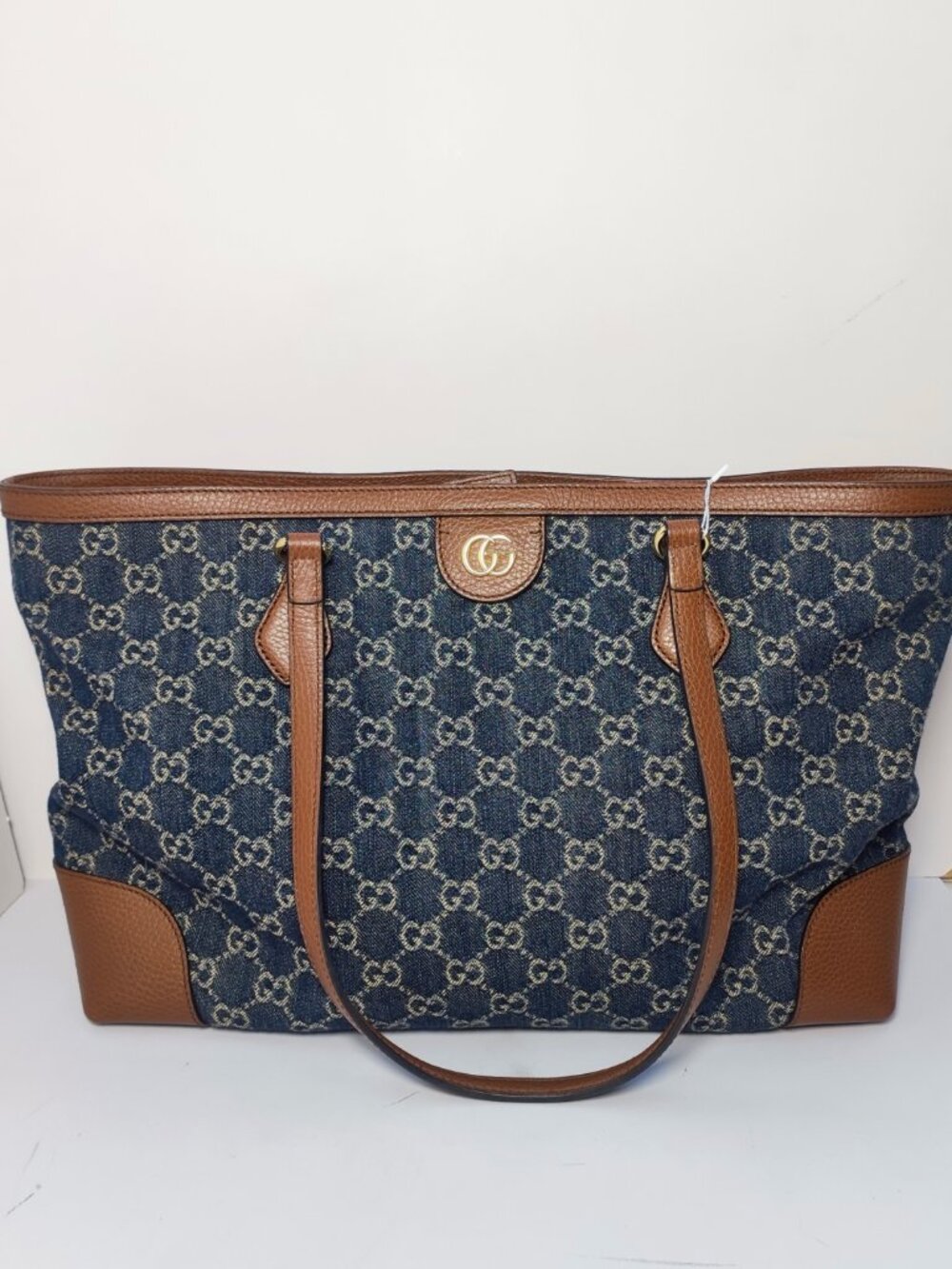 Gucci Double G Denim & Leather Trim Tote Handbag